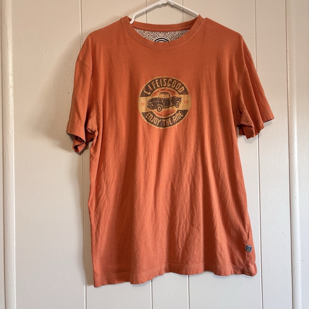 Life is Good Womens medium Enjoy The Ride Truck Orange coral Short Sleeve Shirt